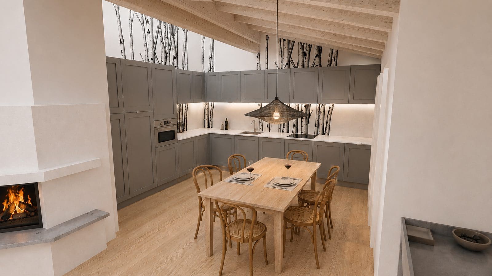 Visualisation 3D cuisine ouverte — portes shaker grises, papier peint bouleau, table bois, cheminée, rive gauche Genève 2023